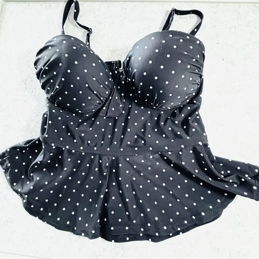 UNIQUE VINTAGE SWIM Women’s L 2 Pc Swimsuit Black White Dotted Retro Flare